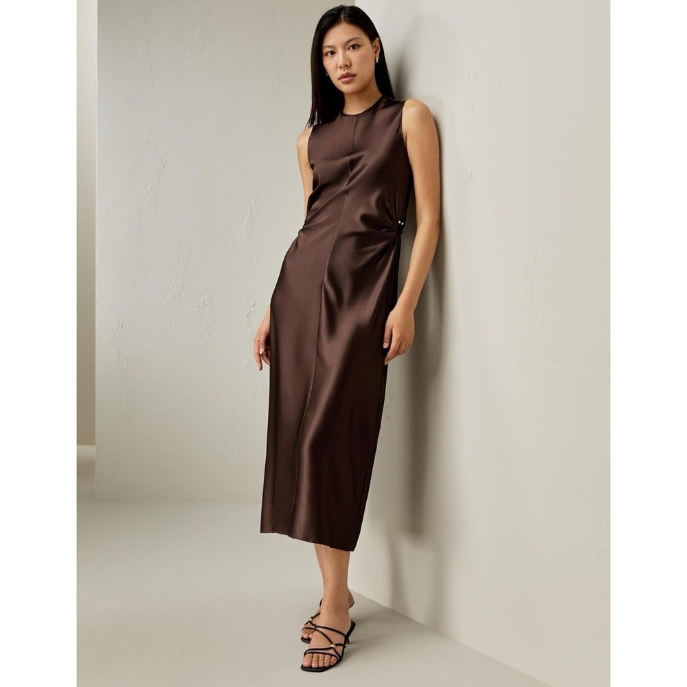 LilySilk $249 Mulberry Silk Chocolate A Line Dress Cut‎ Metal Ring Size 6 - Picture 2 of 14
